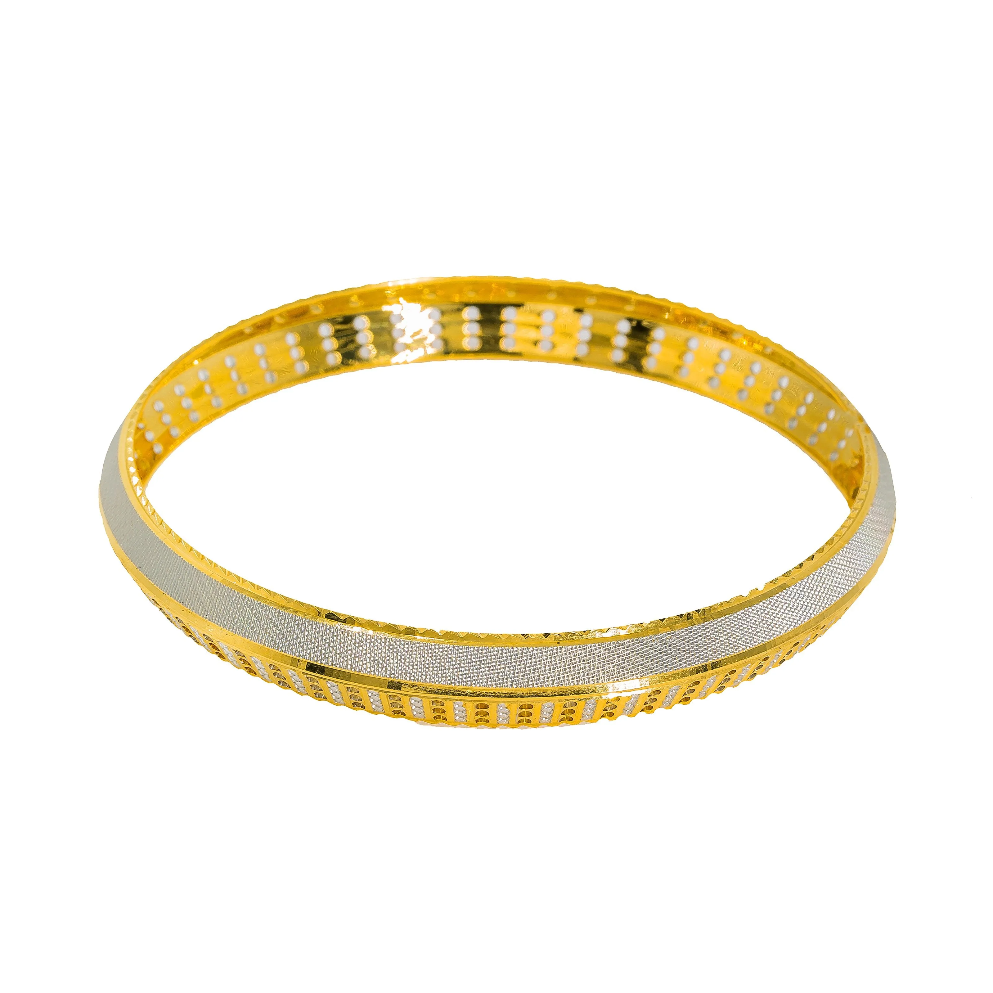 22K Multi Tone Gold Kada Bangle for Men W/ Circle Laser Details & Split Textured Frame