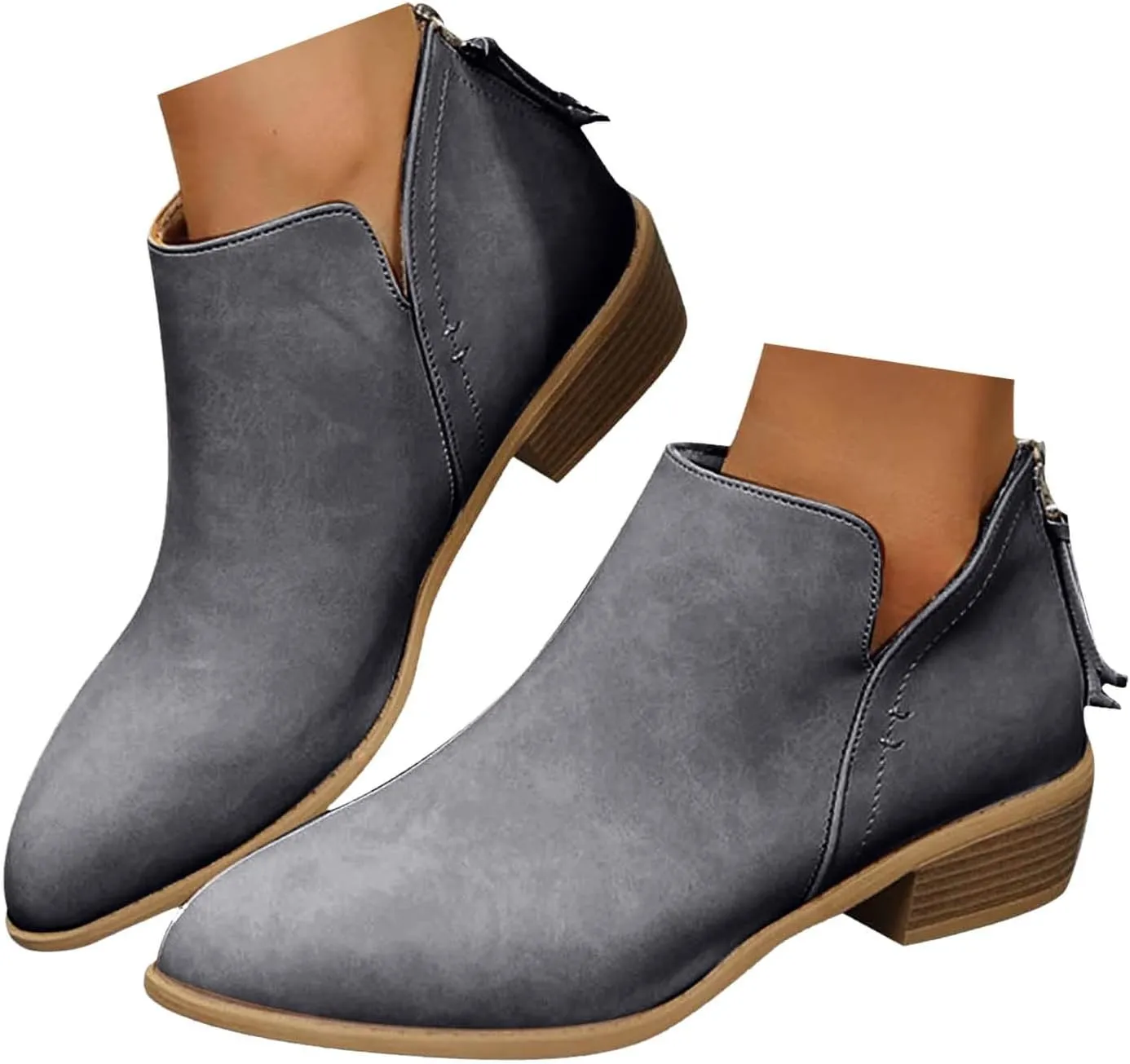 Ankle Boots for Women Low Chunky Heel Chelsea Booties with Side Split Detail and Back Zippers with Tassel Short Boots Booties