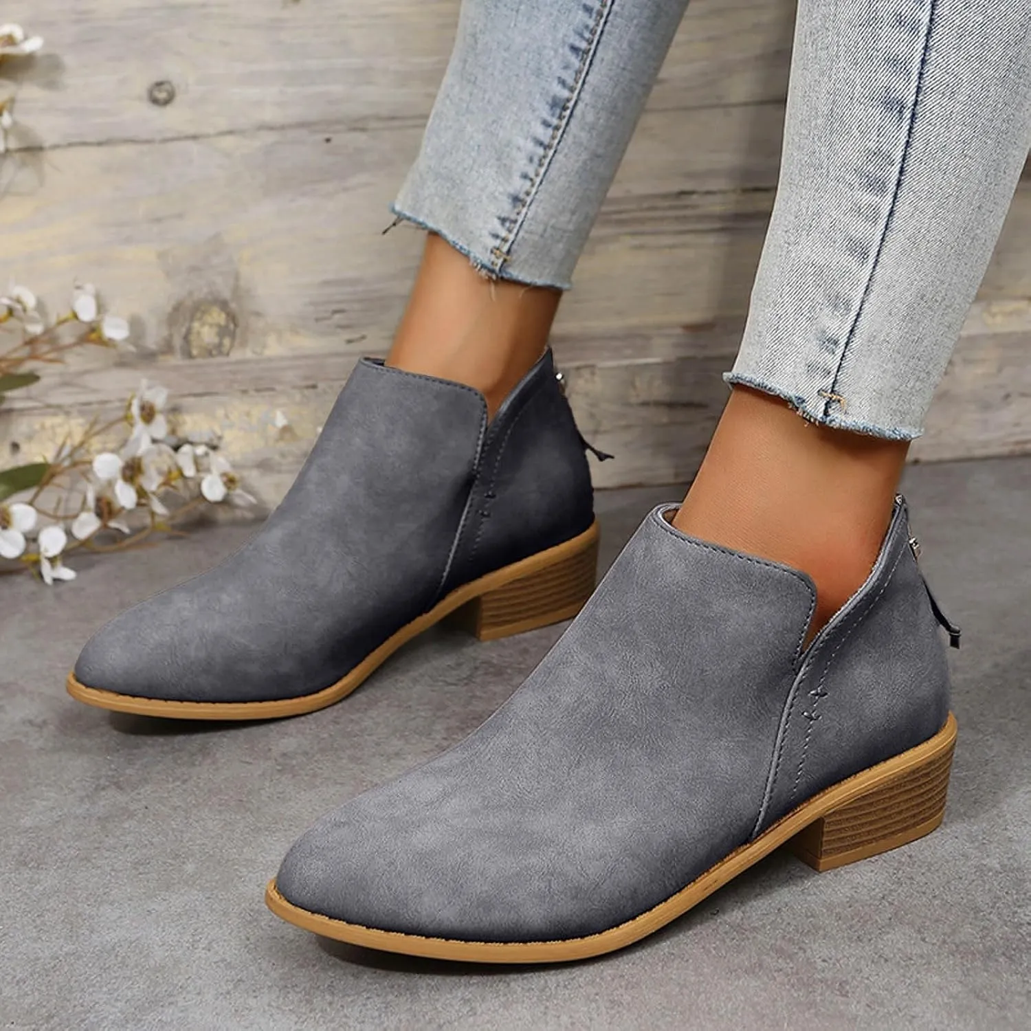 Ankle Boots for Women Low Chunky Heel Chelsea Booties with Side Split Detail and Back Zippers with Tassel Short Boots Booties