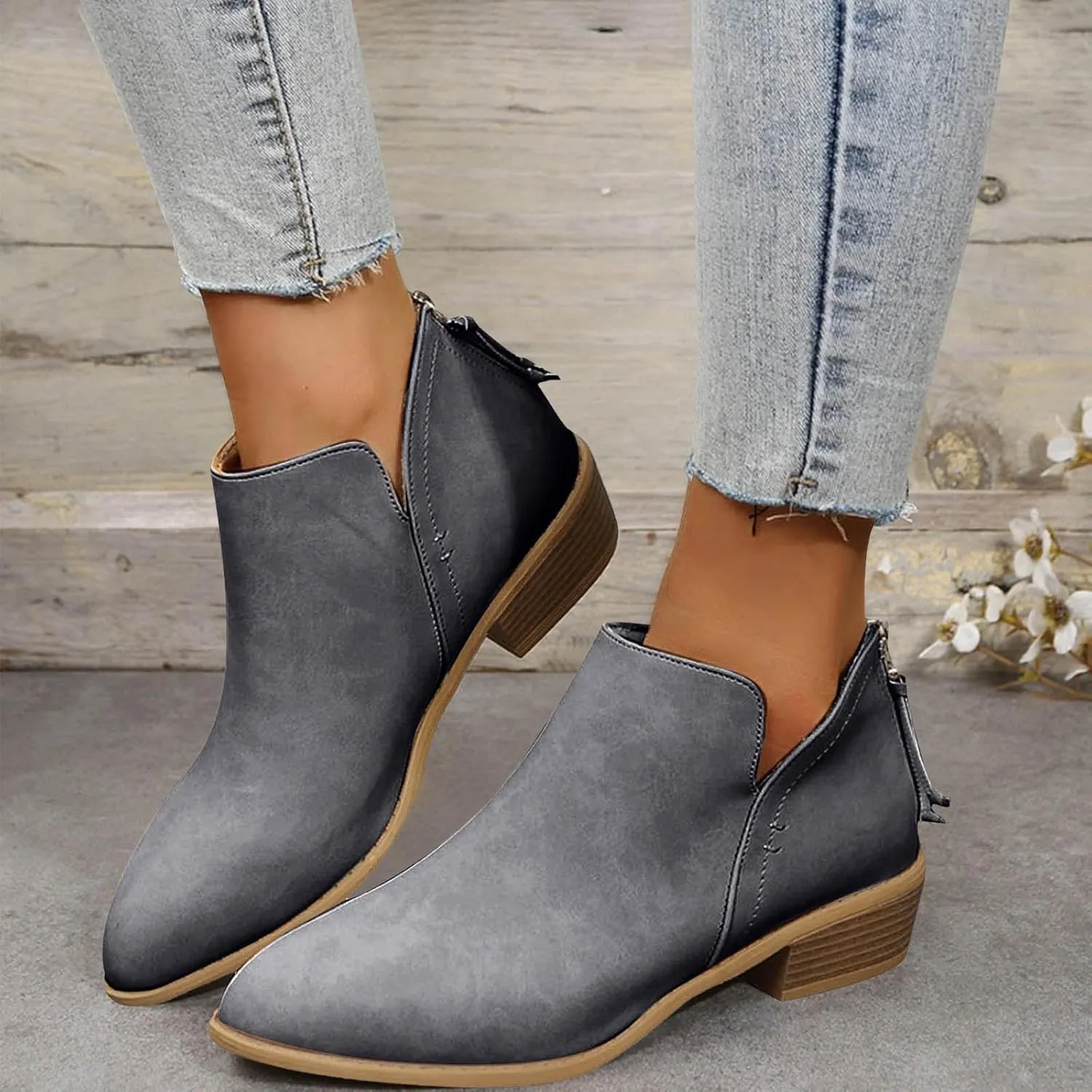 Ankle Boots for Women Low Chunky Heel Chelsea Booties with Side Split Detail and Back Zippers with Tassel Short Boots Booties