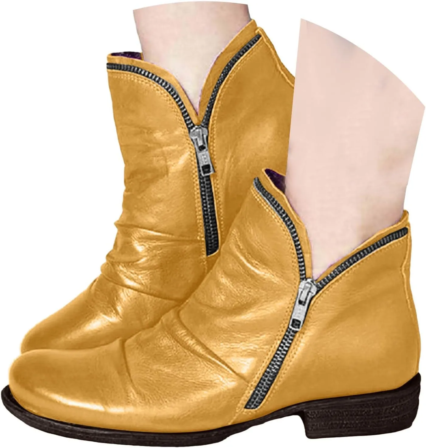 Ankle Boots for Women Women's Fashion Western Retro Side Zipper Riding Solid Heel Chunky Casual Vintage Short Boots V Cut Out
