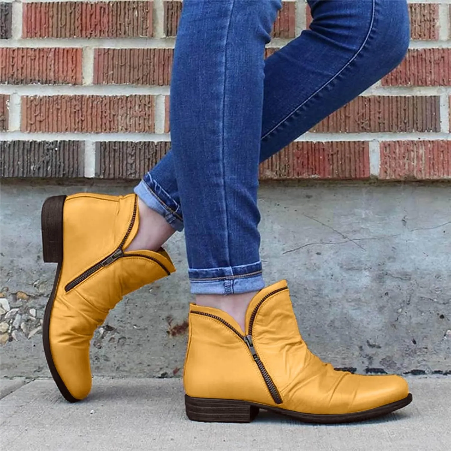 Ankle Boots for Women Women's Fashion Western Retro Side Zipper Riding Solid Heel Chunky Casual Vintage Short Boots V Cut Out