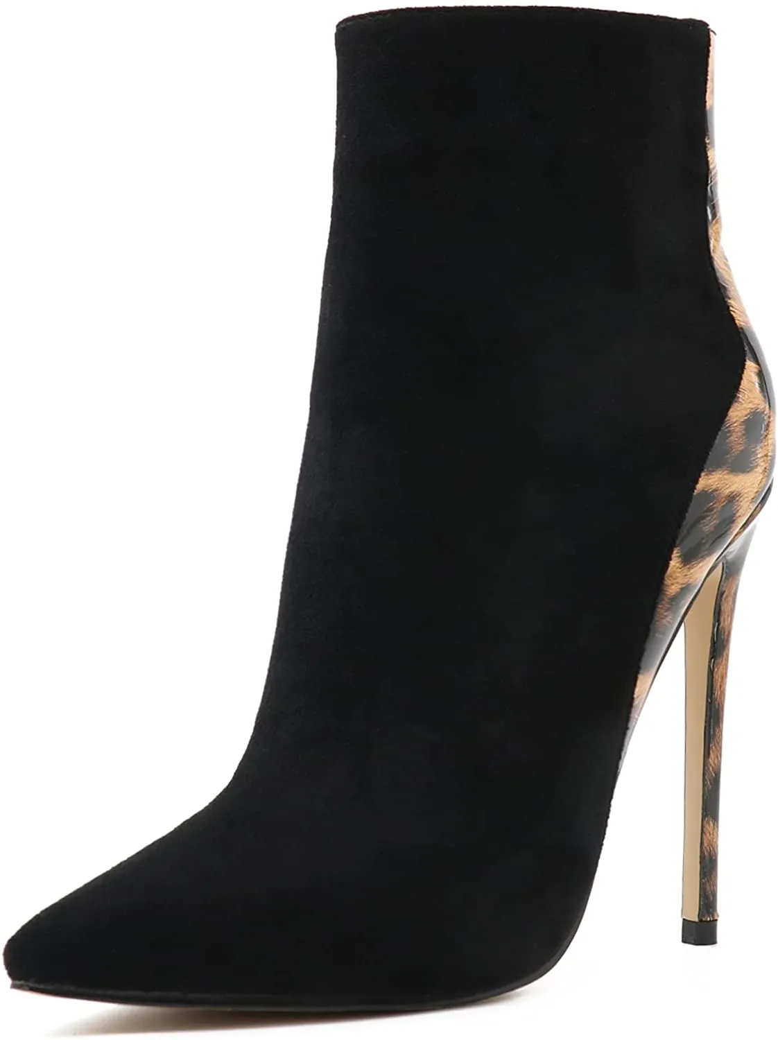 Black Leopard Ankle Boots Closed Pointed Toe Stilettos