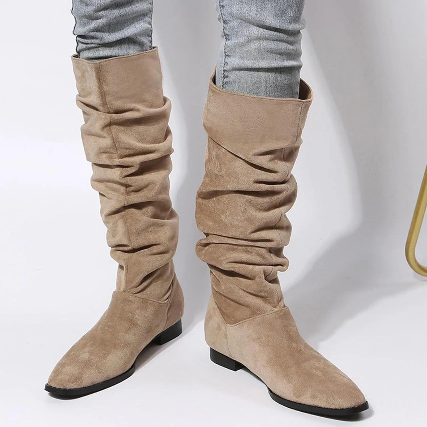 Boots for Women Fall Riding Booties Western Fashion Knee-High Flat Chunky Heel Slouchy Suede Pointy Toe Shoes Pull On Booties