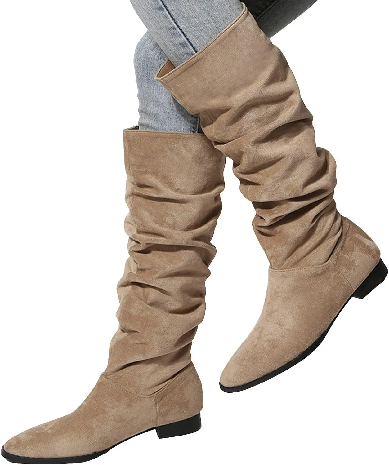 Boots for Women, Solid Color Mid Calf Pointed Toe Chunky Heels Pleated Knee High Boots Wide Calf Block Heel Boots