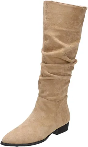 Boots for Women, Solid Color Mid Calf Pointed Toe Chunky Heels Pleated Knee High Boots Wide Calf Block Heel Boots