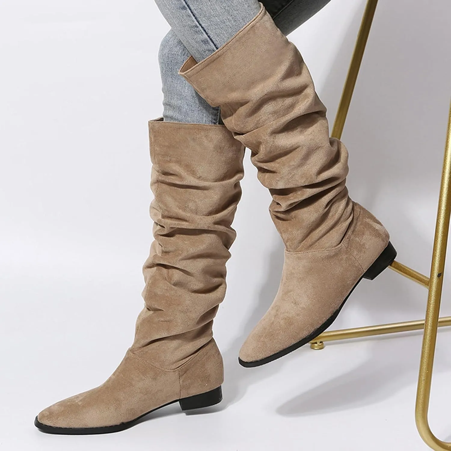 Boots for Women, Solid Color Mid Calf Pointed Toe Chunky Heels Pleated Knee High Boots Wide Calf Block Heel Boots