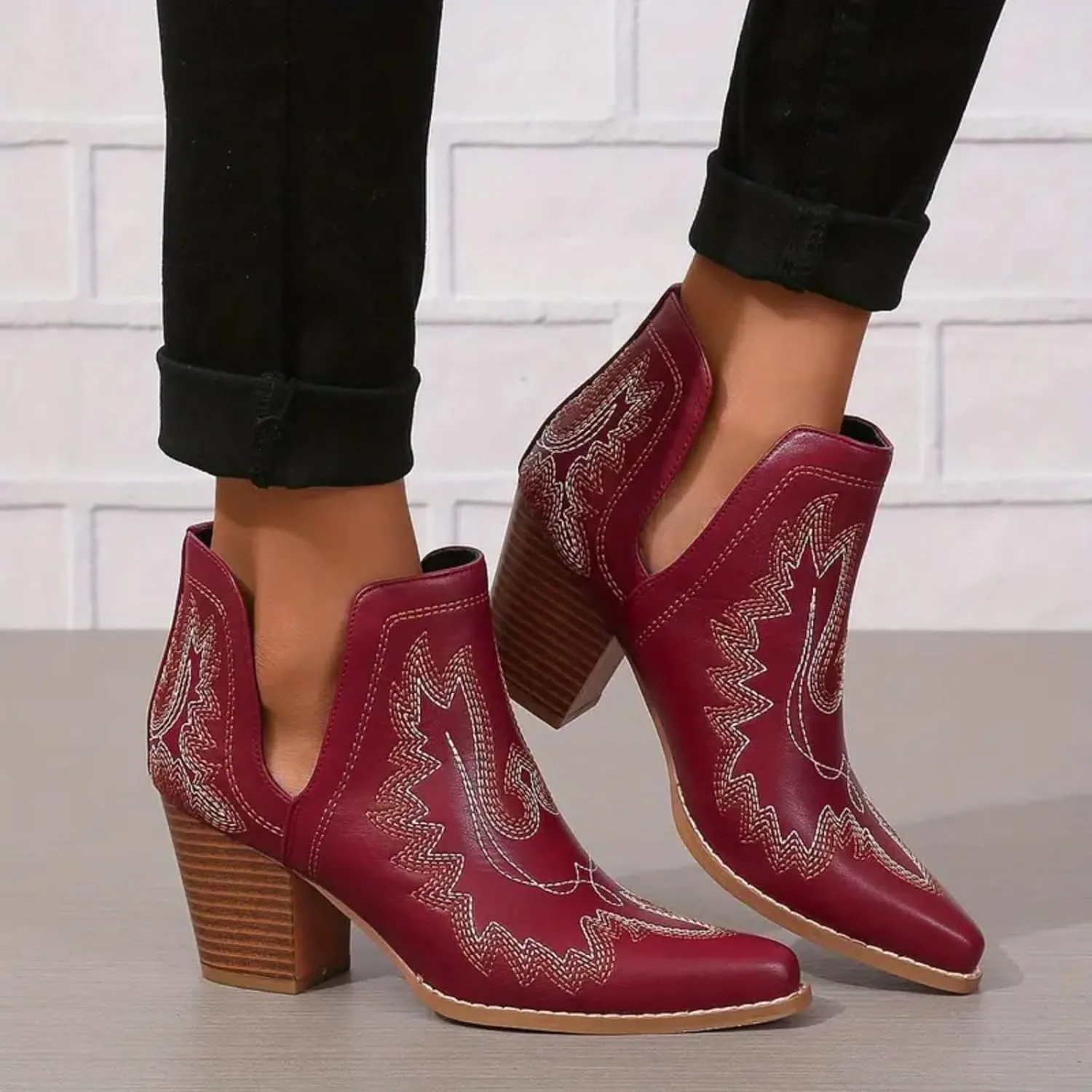 Cathalem Cowboy Boots for Women Cowgirl Ankle Western Embroidered Stitched Pointed Toe Cutout Chunky Heels Short Boots
