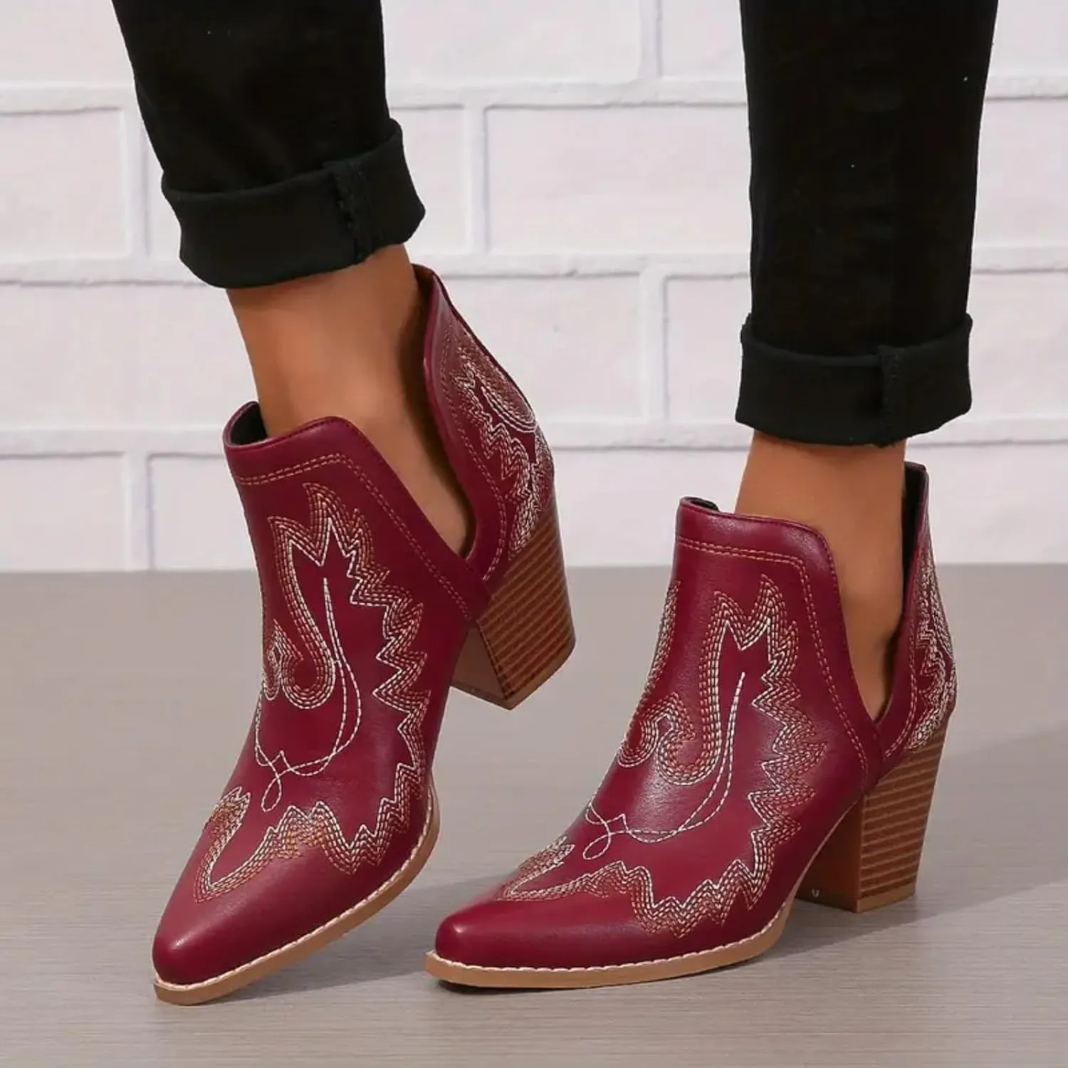 Cathalem Cowboy Boots for Women Cowgirl Ankle Western Embroidered Stitched Pointed Toe Cutout Chunky Heels Short Boots