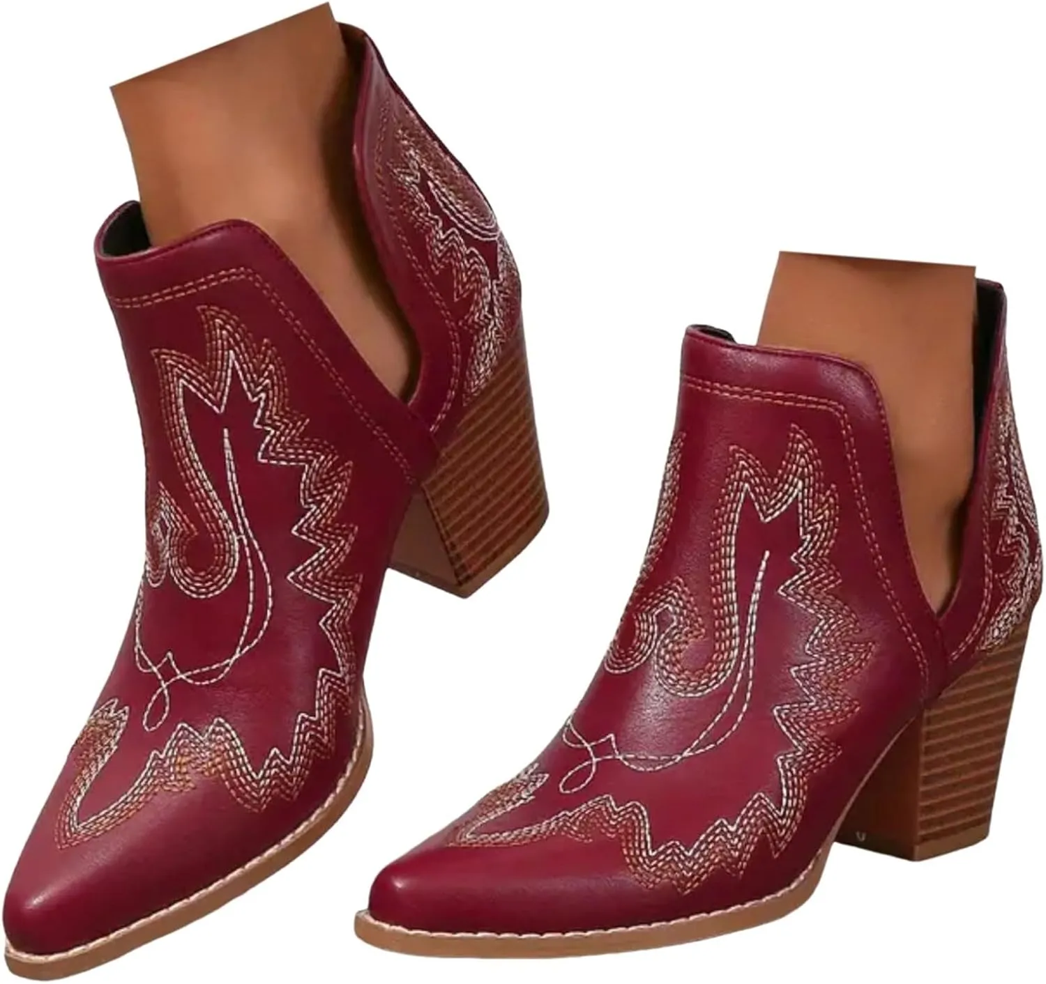 Cathalem Cowboy Boots for Women Cowgirl Ankle Western Embroidered Stitched Pointed Toe Cutout Chunky Heels Short Boots
