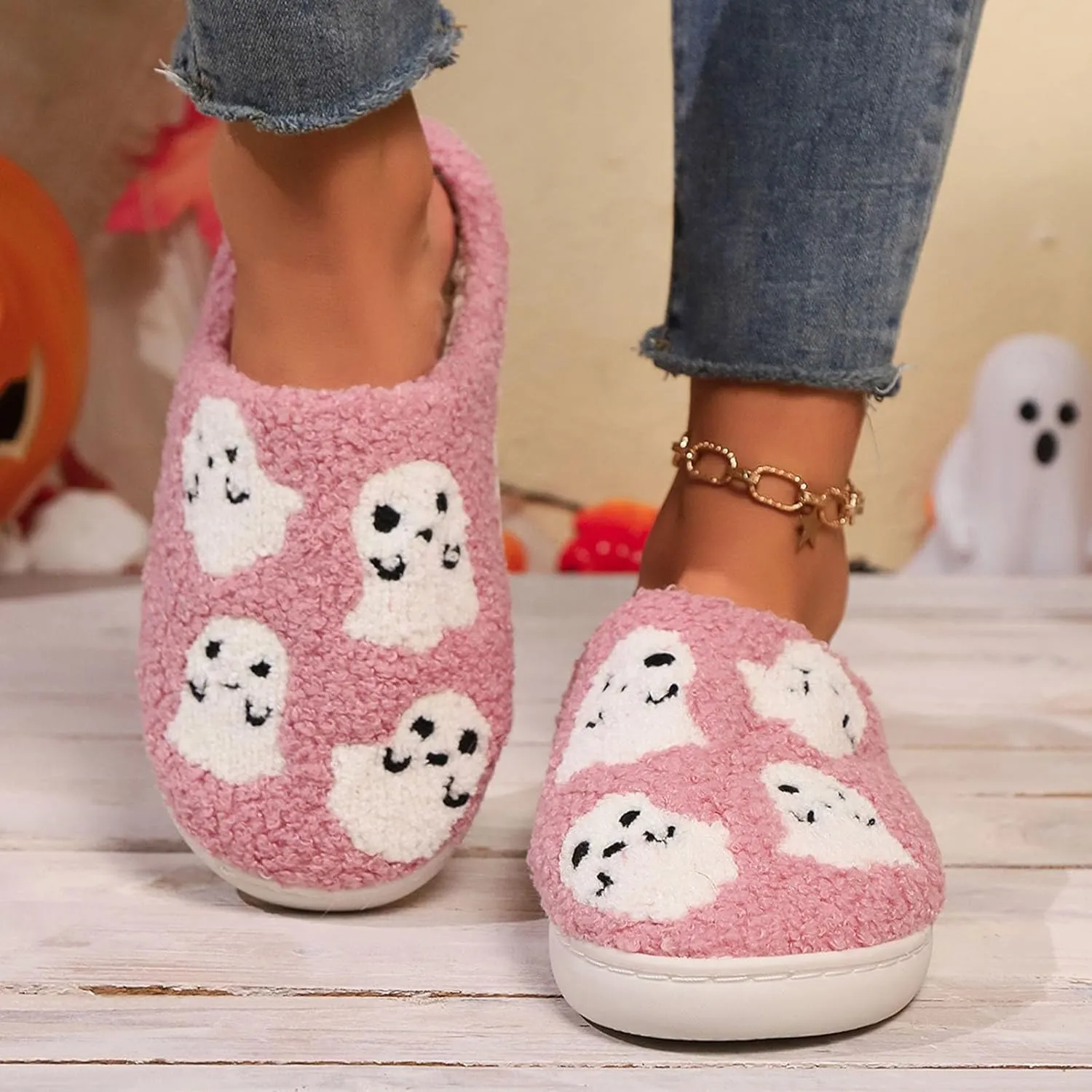 Cathalem Halloween Slippers for Women Retro Cozy Comfy Plush Warm Fur Lined House Slippers Lightweight Fuzzy Slip-on Shoes