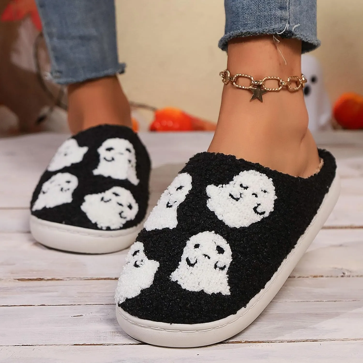 Cathalem Halloween Slippers for Women Retro Cozy Comfy Plush Warm Fur Lined House Slippers Lightweight Fuzzy Slip-on Shoes