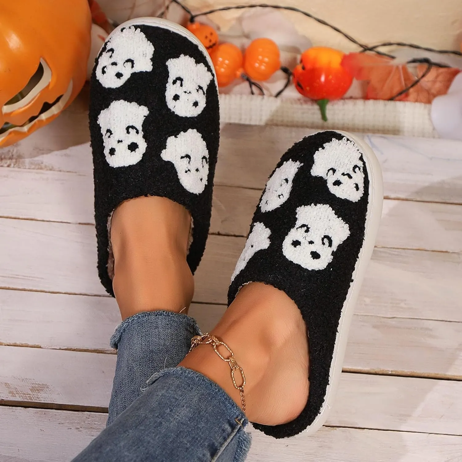 Cathalem Halloween Slippers for Women Retro Cozy Comfy Plush Warm Fur Lined House Slippers Lightweight Fuzzy Slip-on Shoes