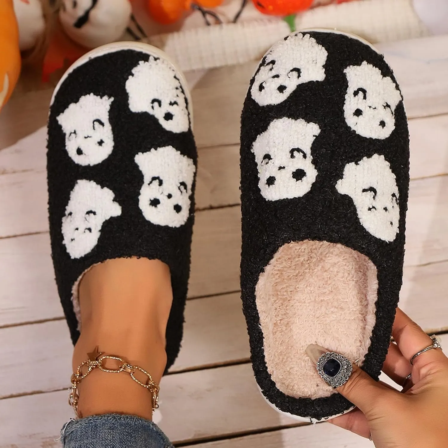 Cathalem Halloween Slippers for Women Retro Cozy Comfy Plush Warm Fur Lined House Slippers Lightweight Fuzzy Slip-on Shoes