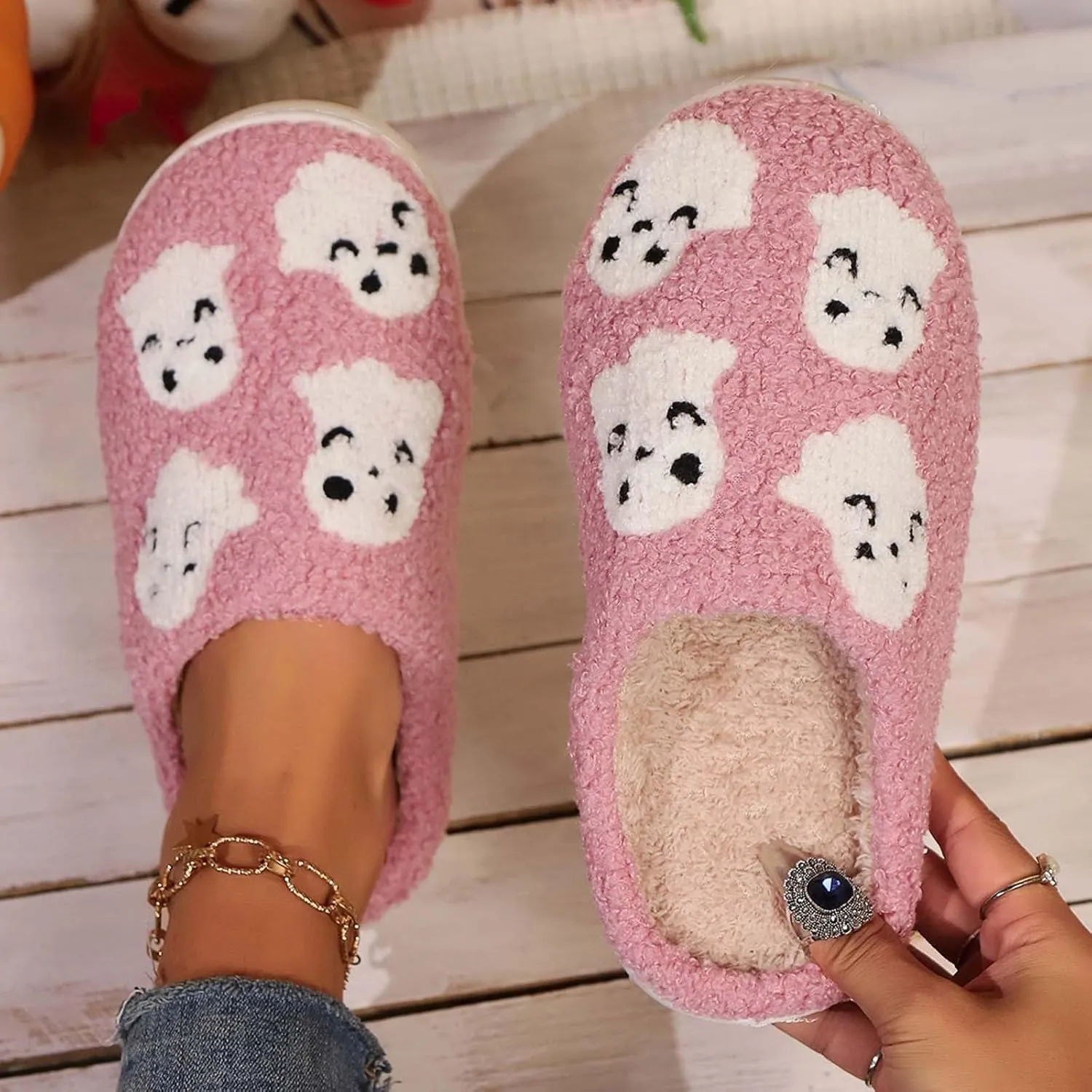 Cathalem Halloween Slippers for Women Retro Cozy Comfy Plush Warm Fur Lined House Slippers Lightweight Fuzzy Slip-on Shoes