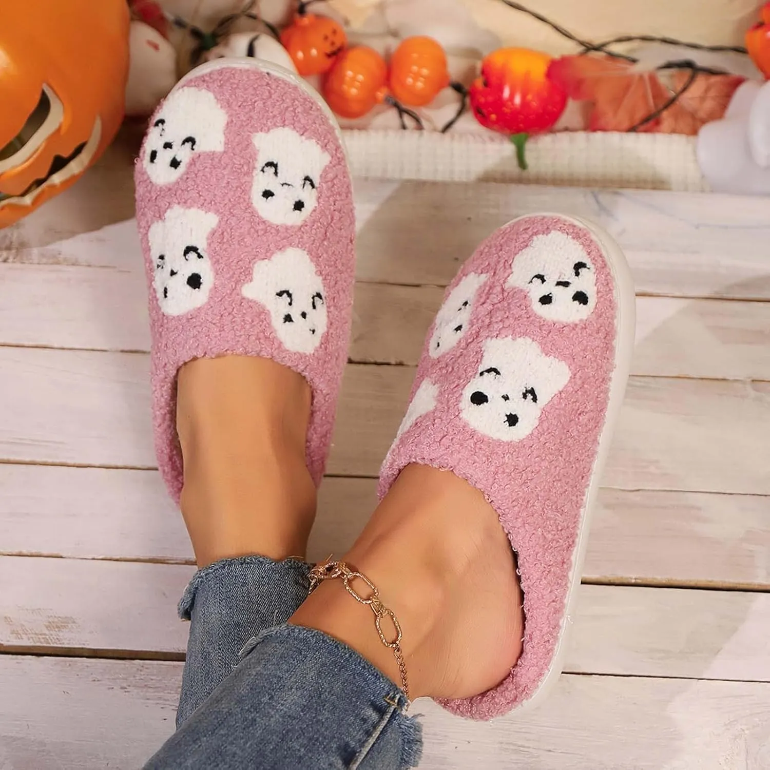 Cathalem Halloween Slippers for Women Retro Cozy Comfy Plush Warm Fur Lined House Slippers Lightweight Fuzzy Slip-on Shoes