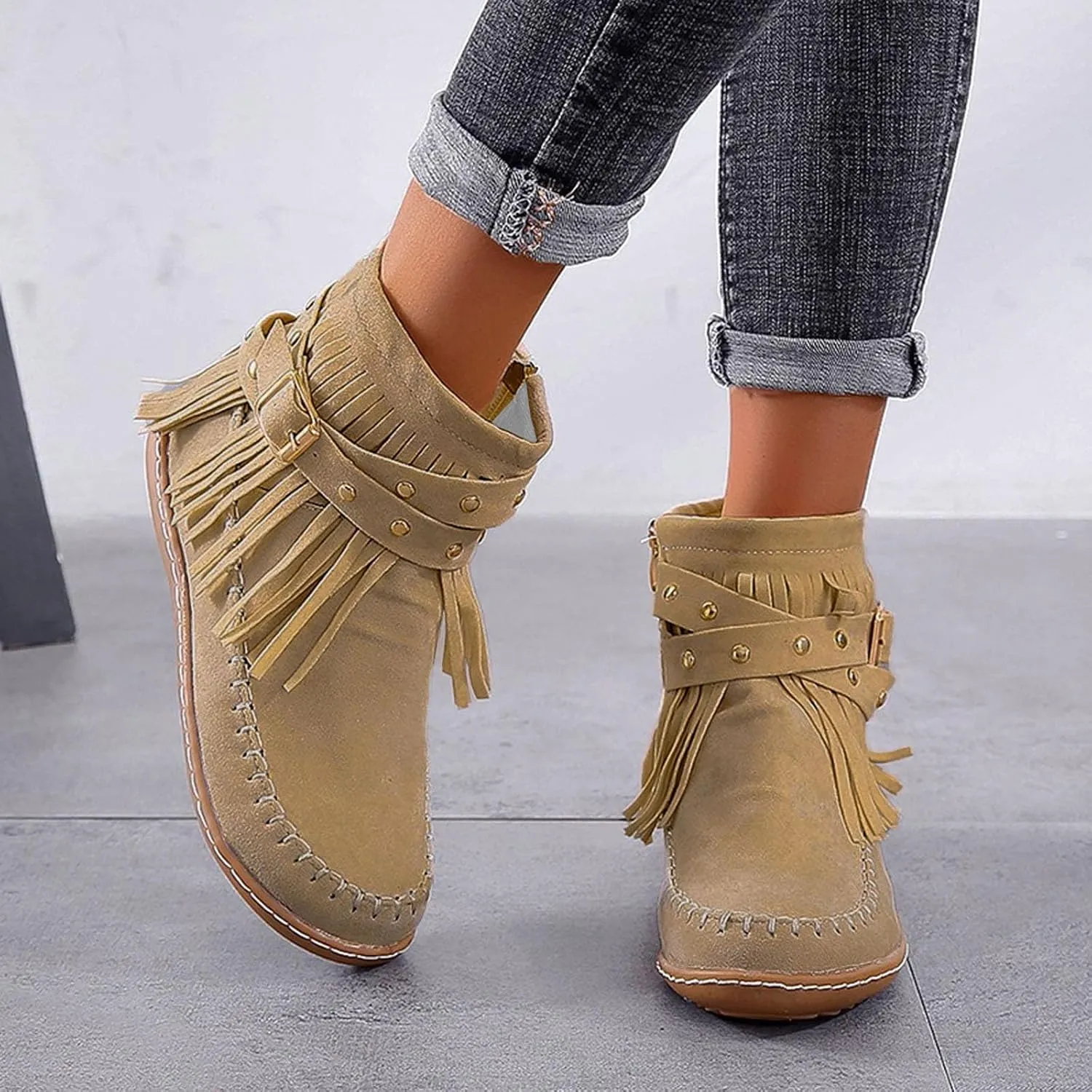 Cathalem Women's Suede Fringe Ankle Boots Round Toe Flats,Winter Warm Fashionable Western Outdoor Short Boots with Zipper
