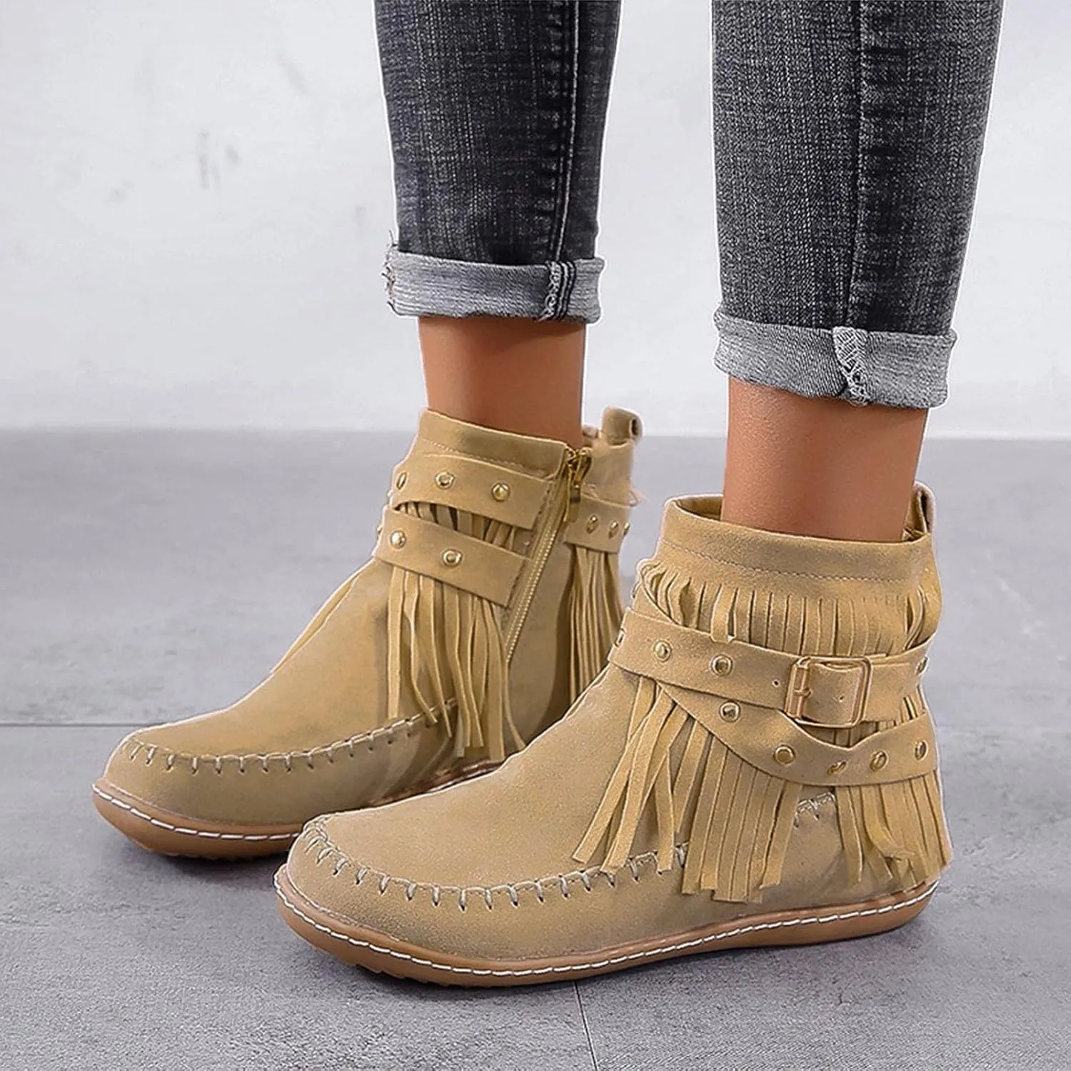 Cathalem Women's Suede Fringe Ankle Boots Round Toe Flats,Winter Warm Fashionable Western Outdoor Short Boots with Zipper