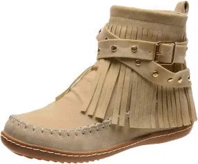 Cathalem Women's Suede Fringe Ankle Boots Round Toe Flats,Winter Warm Fashionable Western Outdoor Short Boots with Zipper
