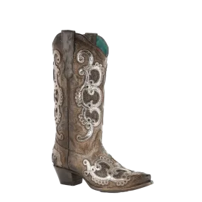 Corral Ladies Brown & Grey Overlay Embroidery & Studs Boots E1509