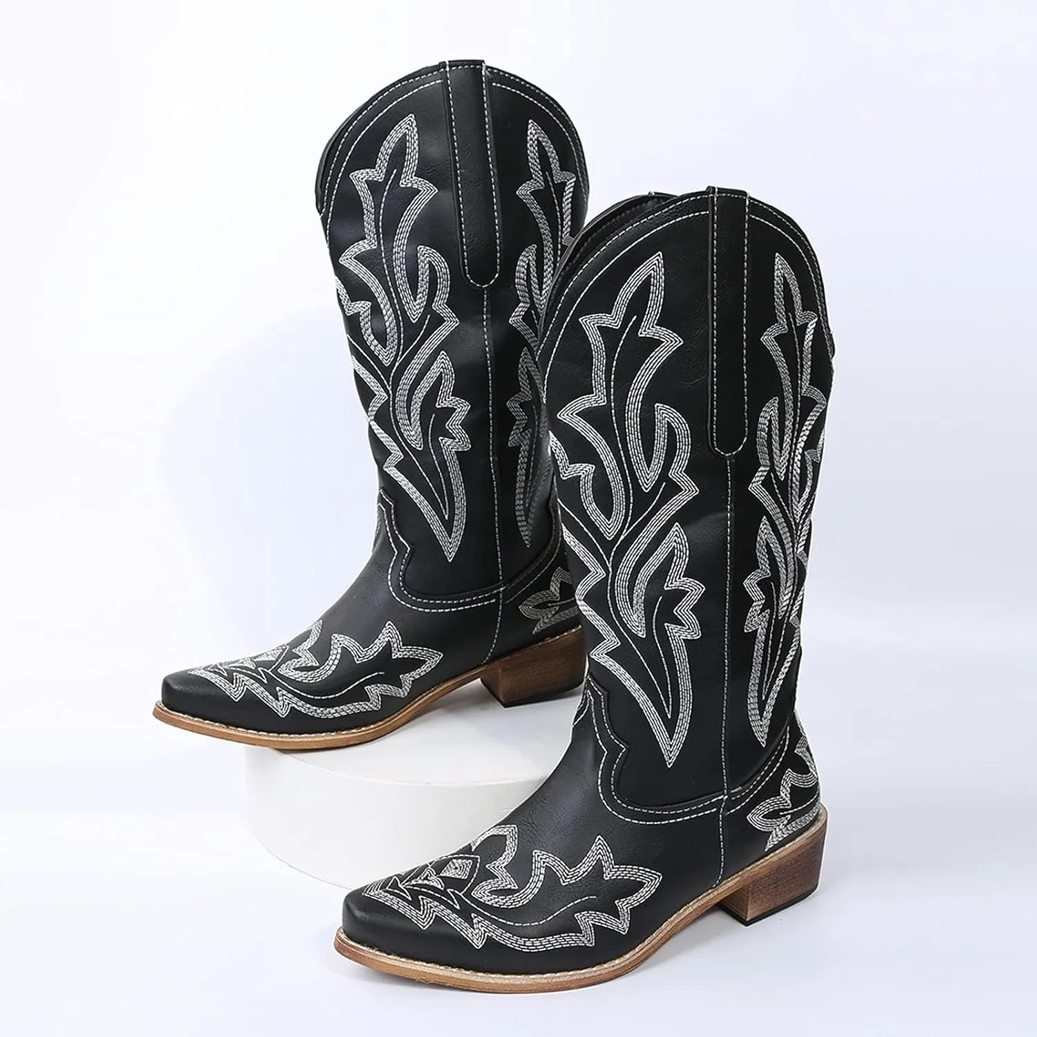 Cowboy Boots for Women Cowgirl Boots Retro Western Slip On Embroidery Pointed Toe Middle Heels Booties Chunky Heel