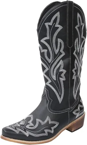 Cowboy Boots for Women Cowgirl Boots Retro Western Slip On Embroidery Pointed Toe Middle Heels Booties Chunky Heel