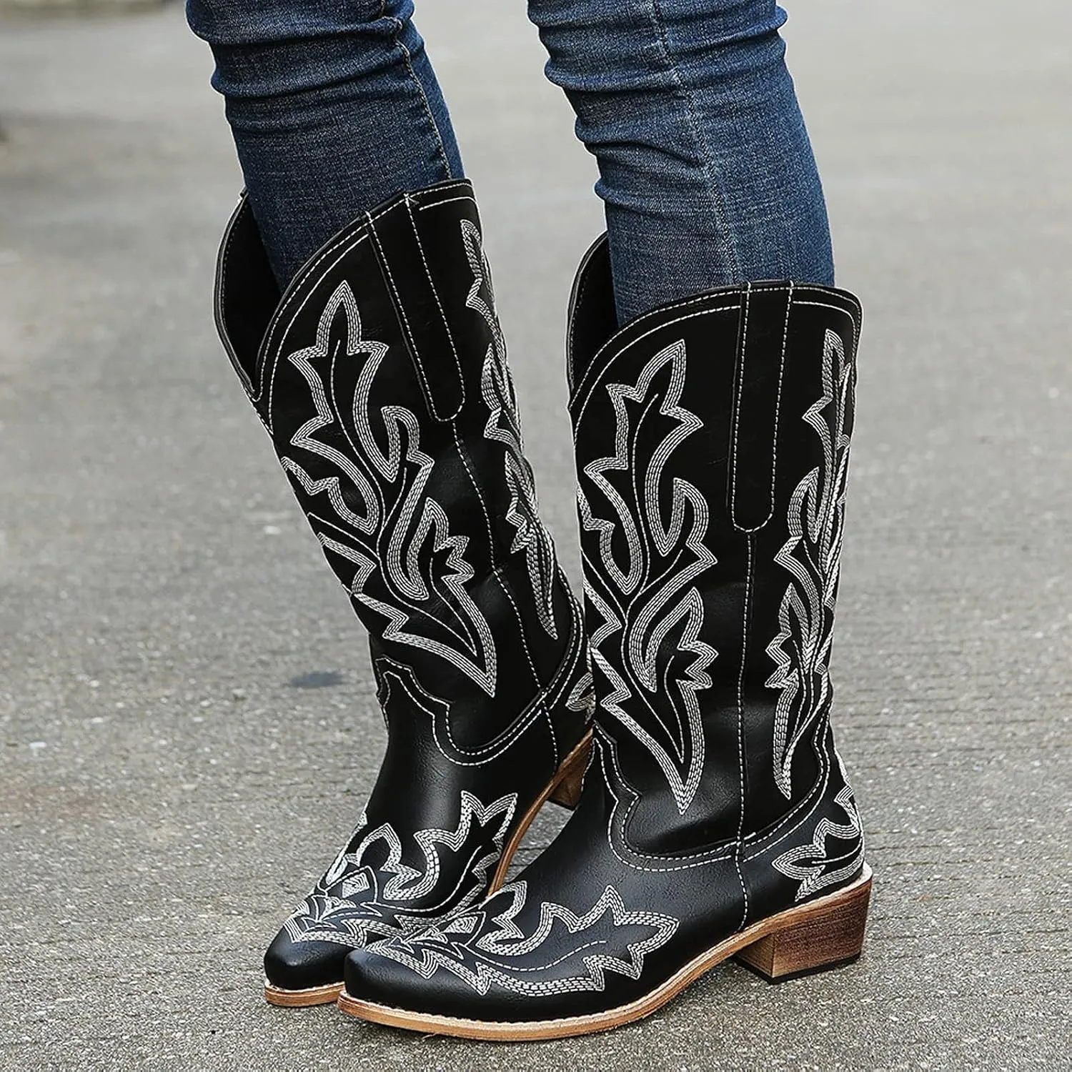 Cowboy Boots for Women Cowgirl Boots Retro Western Slip On Embroidery Pointed Toe Middle Heels Booties Chunky Heel