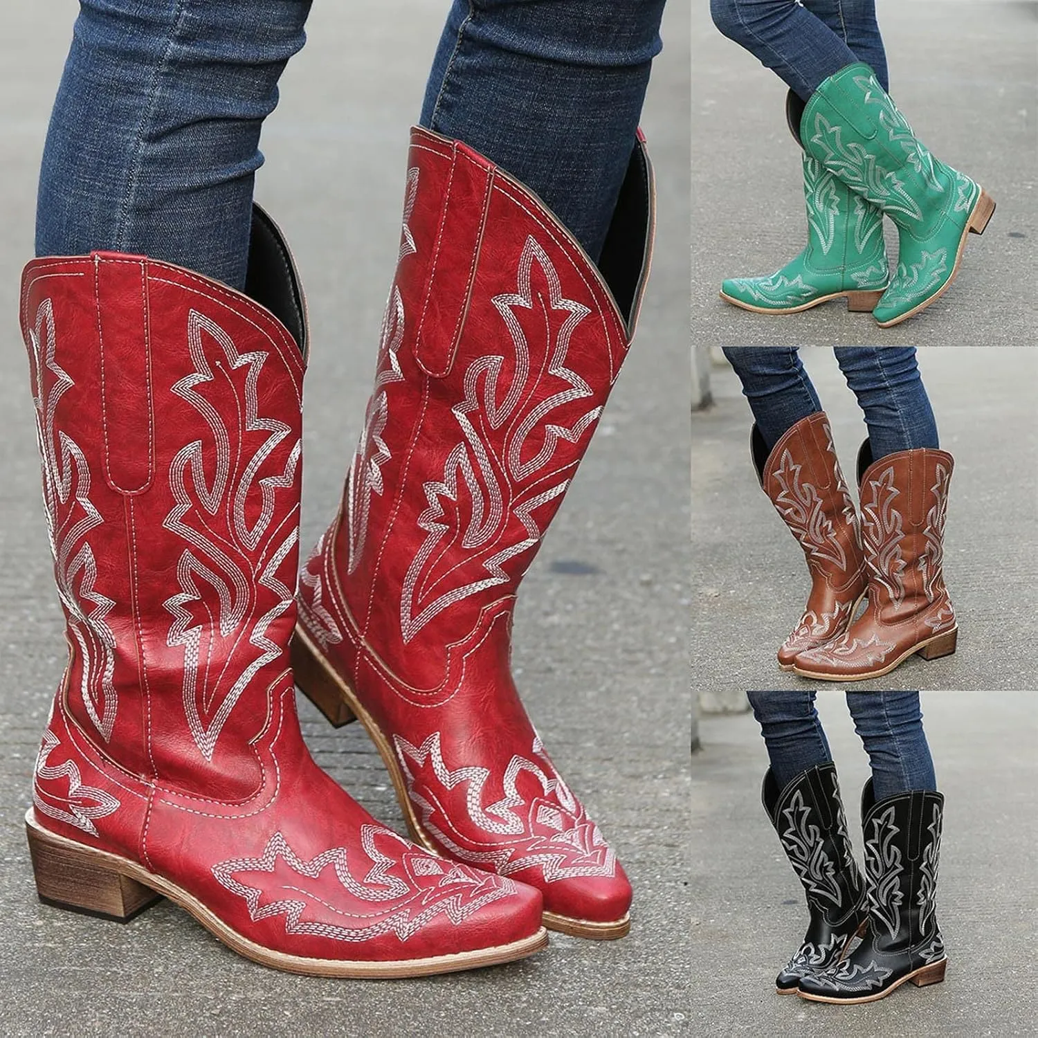 Cowboy Boots for Women Cowgirl Boots Retro Western Slip On Embroidery Pointed Toe Middle Heels Booties Chunky Heel