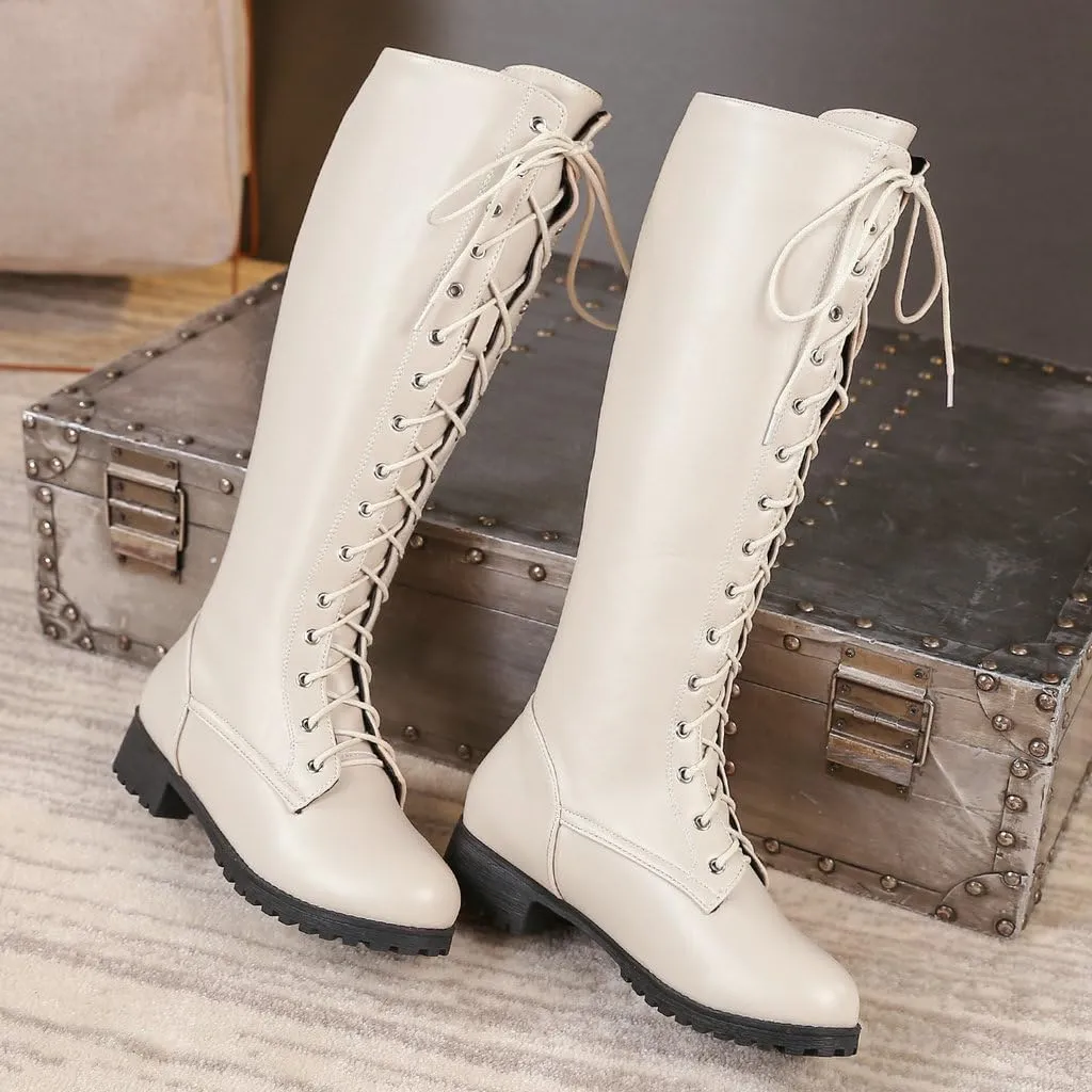 DINTAHA Chunky Knee High Lace Up Boots Low Heel Knee High Combat Boots Riding Boots
