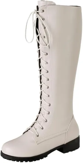 DINTAHA Chunky Knee High Lace Up Boots Low Heel Knee High Combat Boots Riding Boots