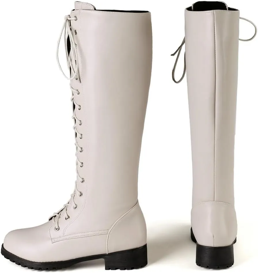 DINTAHA Chunky Knee High Lace Up Boots Low Heel Knee High Combat Boots Riding Boots