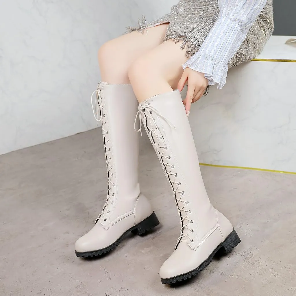DINTAHA Chunky Knee High Lace Up Boots Low Heel Knee High Combat Boots Riding Boots