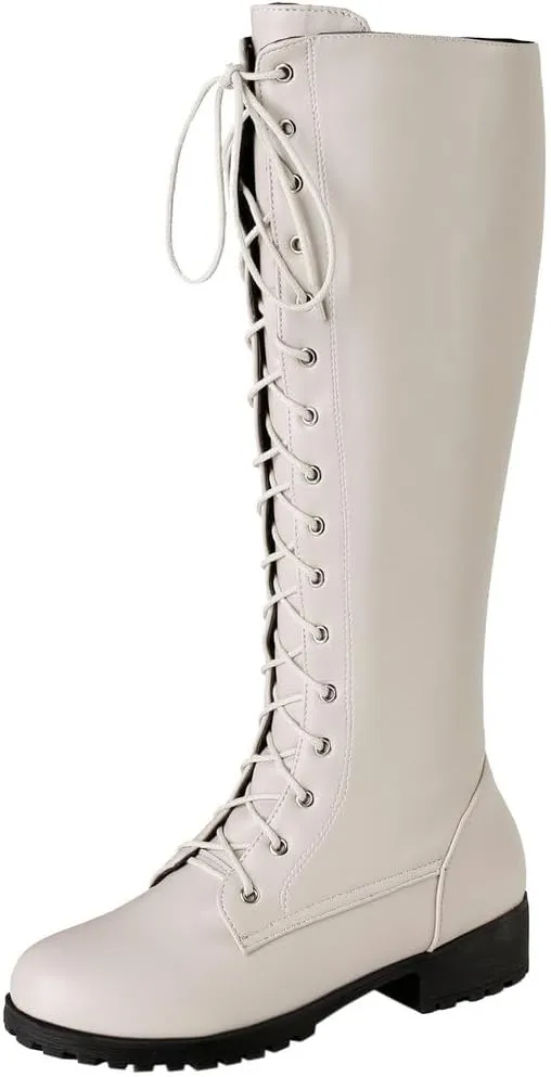 DINTAHA Chunky Knee High Lace Up Boots Low Heel Knee High Combat Boots Riding Boots