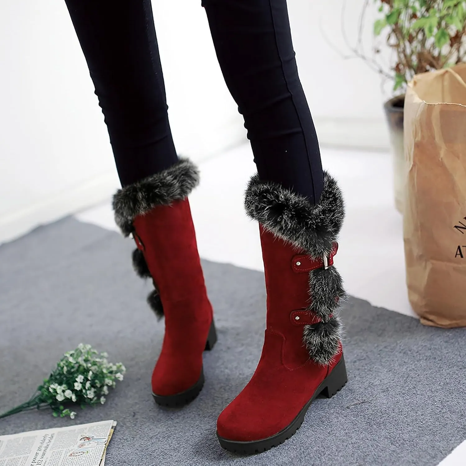 Furry Boots for Women Warm Flock Fur Insulated Snow Boots Cozy Mid Calf Winter Boots Casual Non-slip Platform Boots