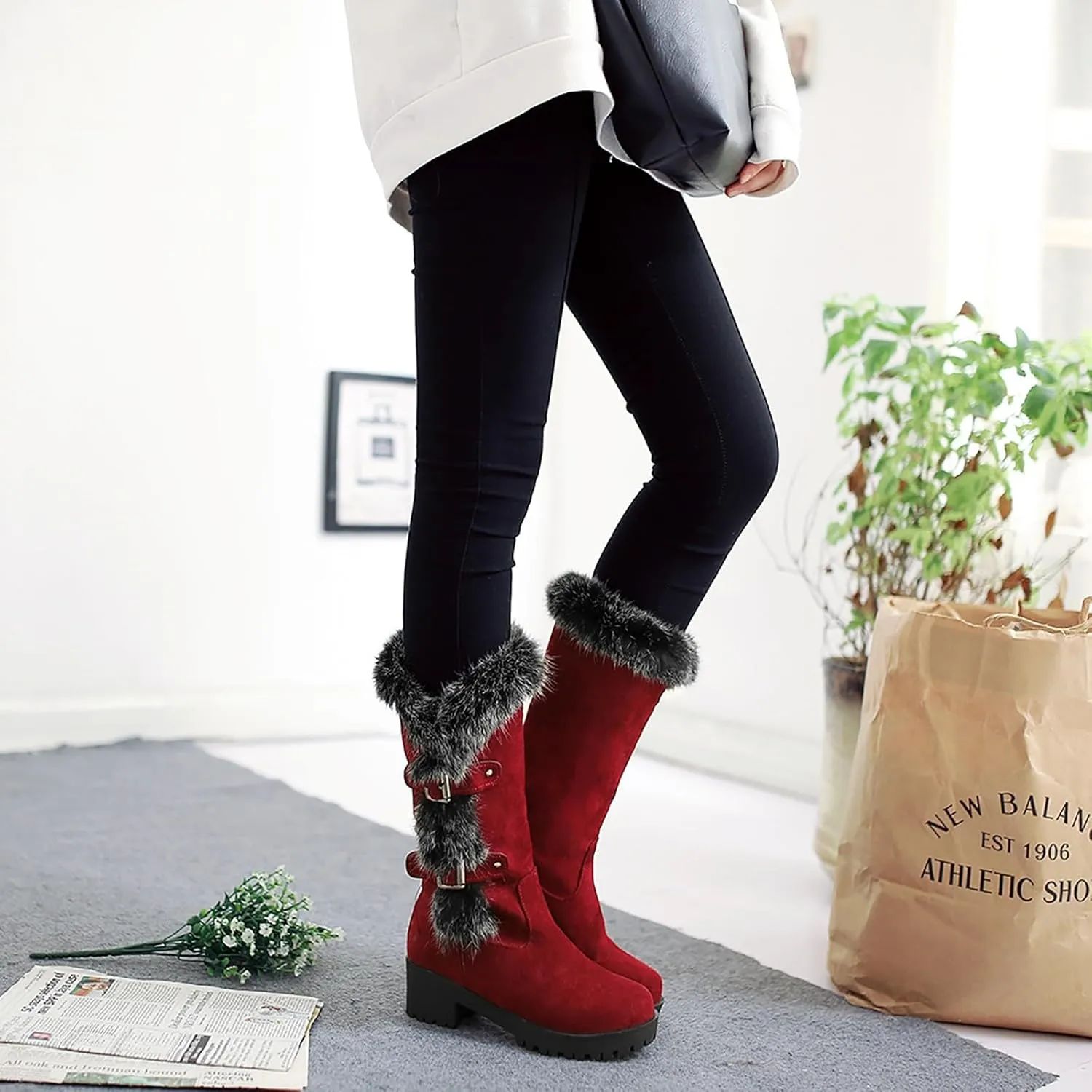 Furry Boots for Women Warm Flock Fur Insulated Snow Boots Cozy Mid Calf Winter Boots Casual Non-slip Platform Boots