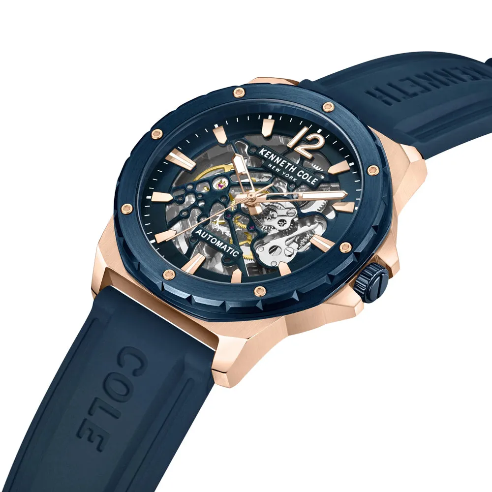 Kenneth Cole Rose Gold Tone and Blue Silicone Skeleton Men Automatic Watch KCWGR2104206