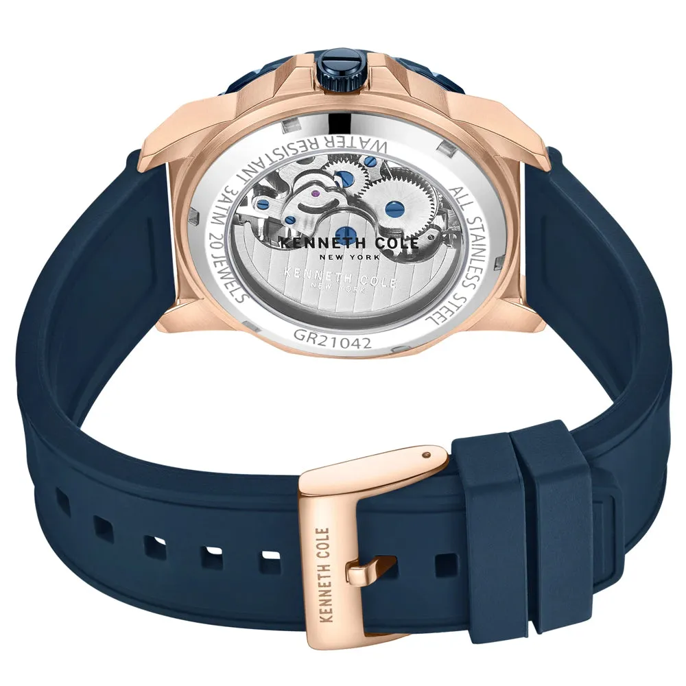 Kenneth Cole Rose Gold Tone and Blue Silicone Skeleton Men Automatic Watch KCWGR2104206