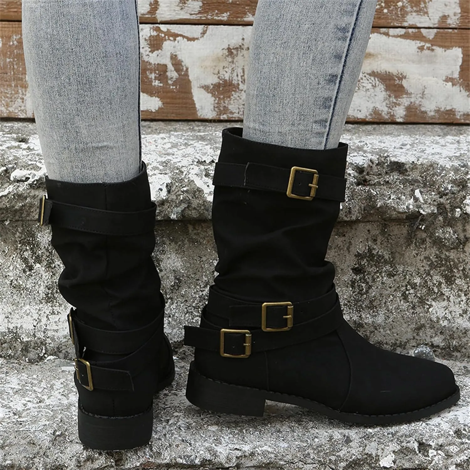 Ladmiple Boots For Women Ankle Booties Low Heel Mid-calf Combat Military Winter Boot Zipper Motorcycle Riding Biker Boots