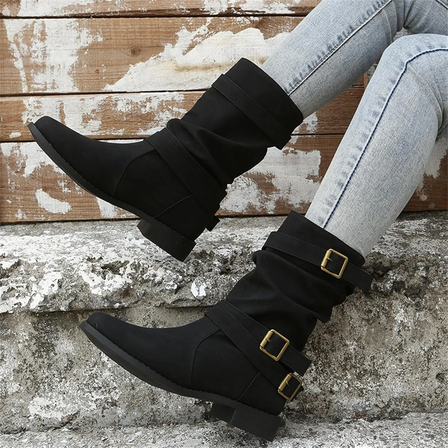 Ladmiple Boots For Women Ankle Booties Low Heel Mid-calf Combat Military Winter Boot Zipper Motorcycle Riding Biker Boots