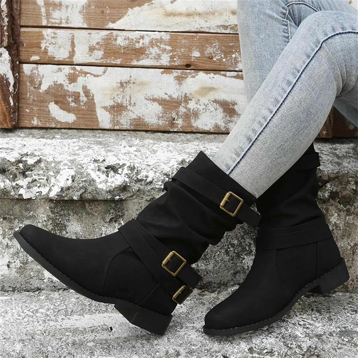 Ladmiple Boots For Women Ankle Booties Low Heel Mid-calf Combat Military Winter Boot Zipper Motorcycle Riding Biker Boots