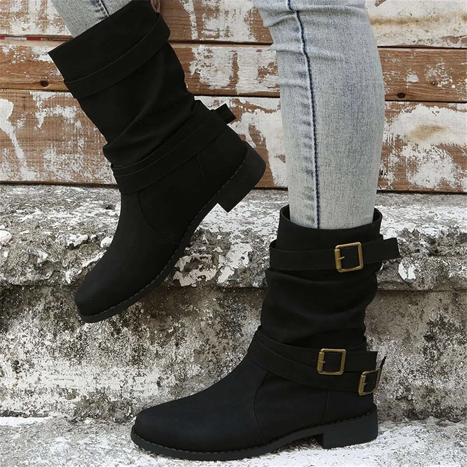 Ladmiple Boots For Women Ankle Booties Low Heel Mid-calf Combat Military Winter Boot Zipper Motorcycle Riding Biker Boots