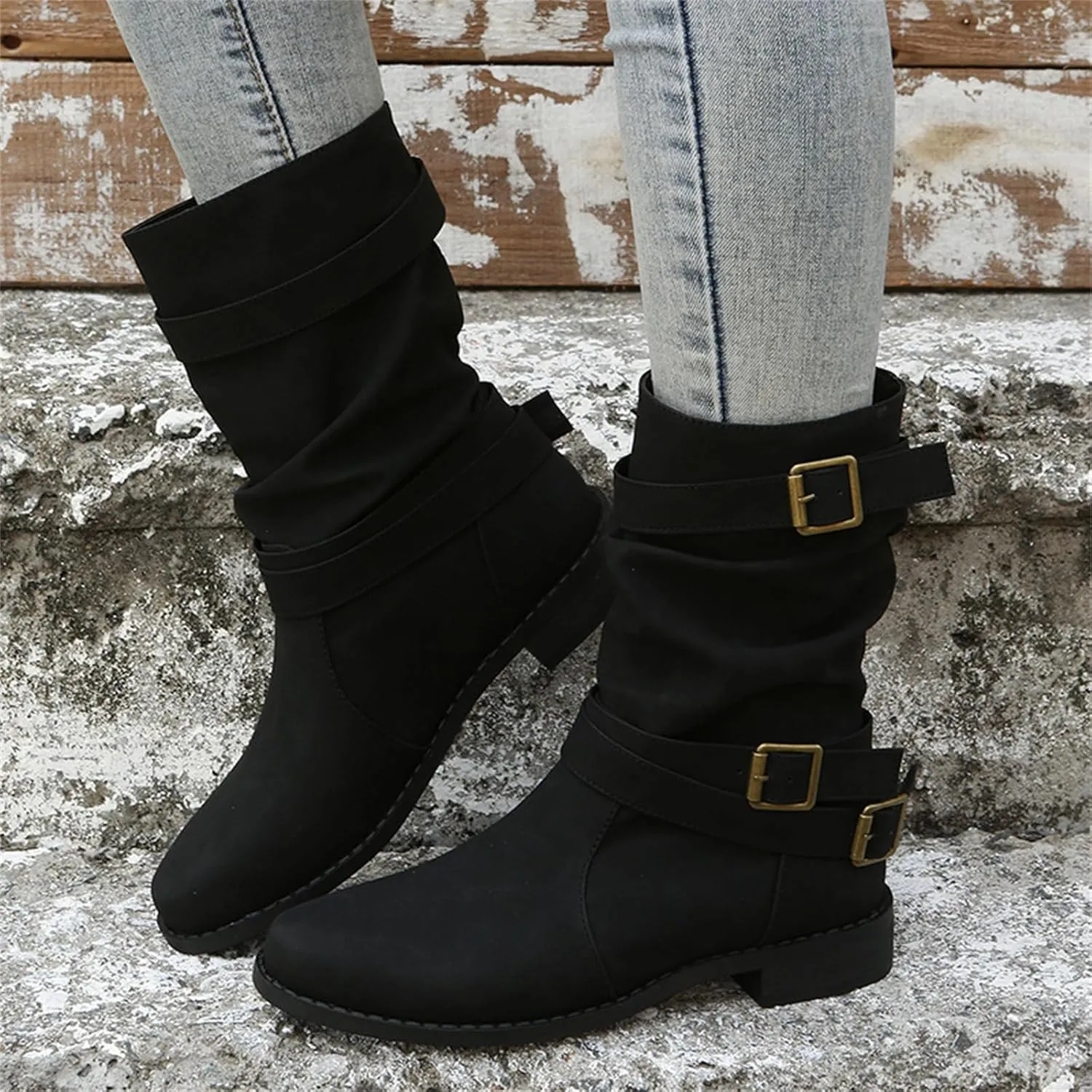 Ladmiple Boots For Women Ankle Booties Low Heel Mid-calf Combat Military Winter Boot Zipper Motorcycle Riding Biker Boots