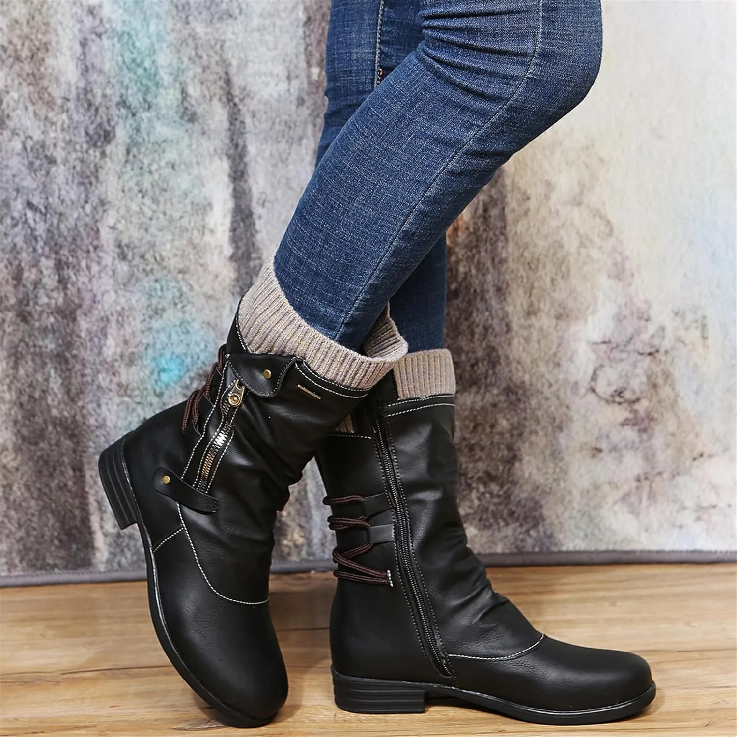 Ladmiple Combat Boots Womens Mid Calf Dress Biker Boots Side Zipper Low Heel Motorcycle Riding Military Western Ankle Booties