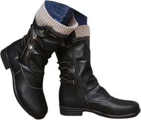 Ladmiple Combat Boots Womens Mid Calf Dress Biker Boots Side Zipper Low Heel Motorcycle Riding Military Western Ankle Booties