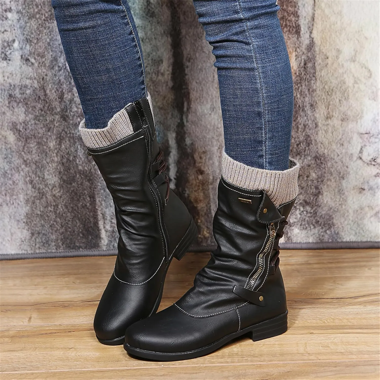 Ladmiple Combat Boots Womens Mid Calf Dress Biker Boots Side Zipper Low Heel Motorcycle Riding Military Western Ankle Booties