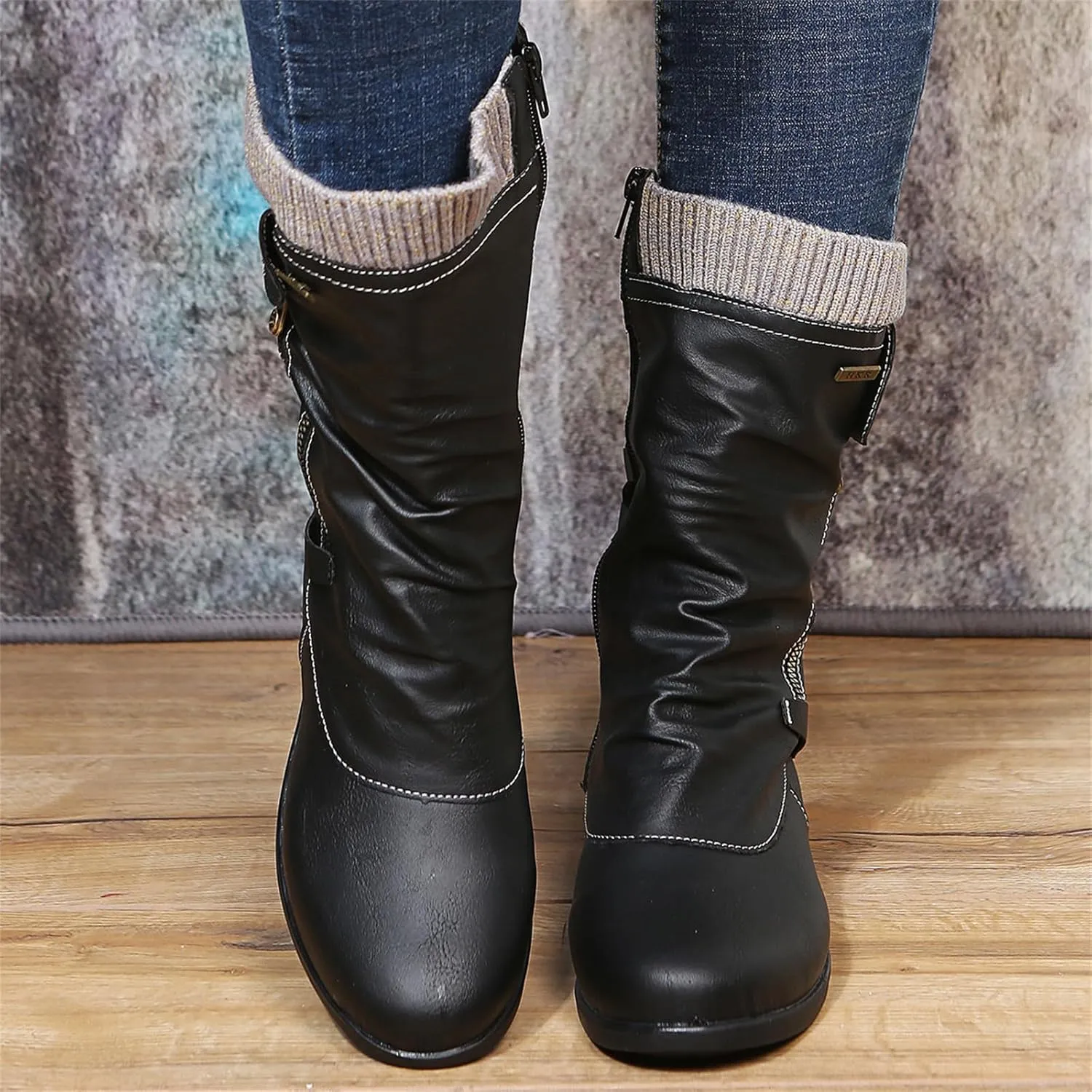 Ladmiple Combat Boots Womens Mid Calf Dress Biker Boots Side Zipper Low Heel Motorcycle Riding Military Western Ankle Booties