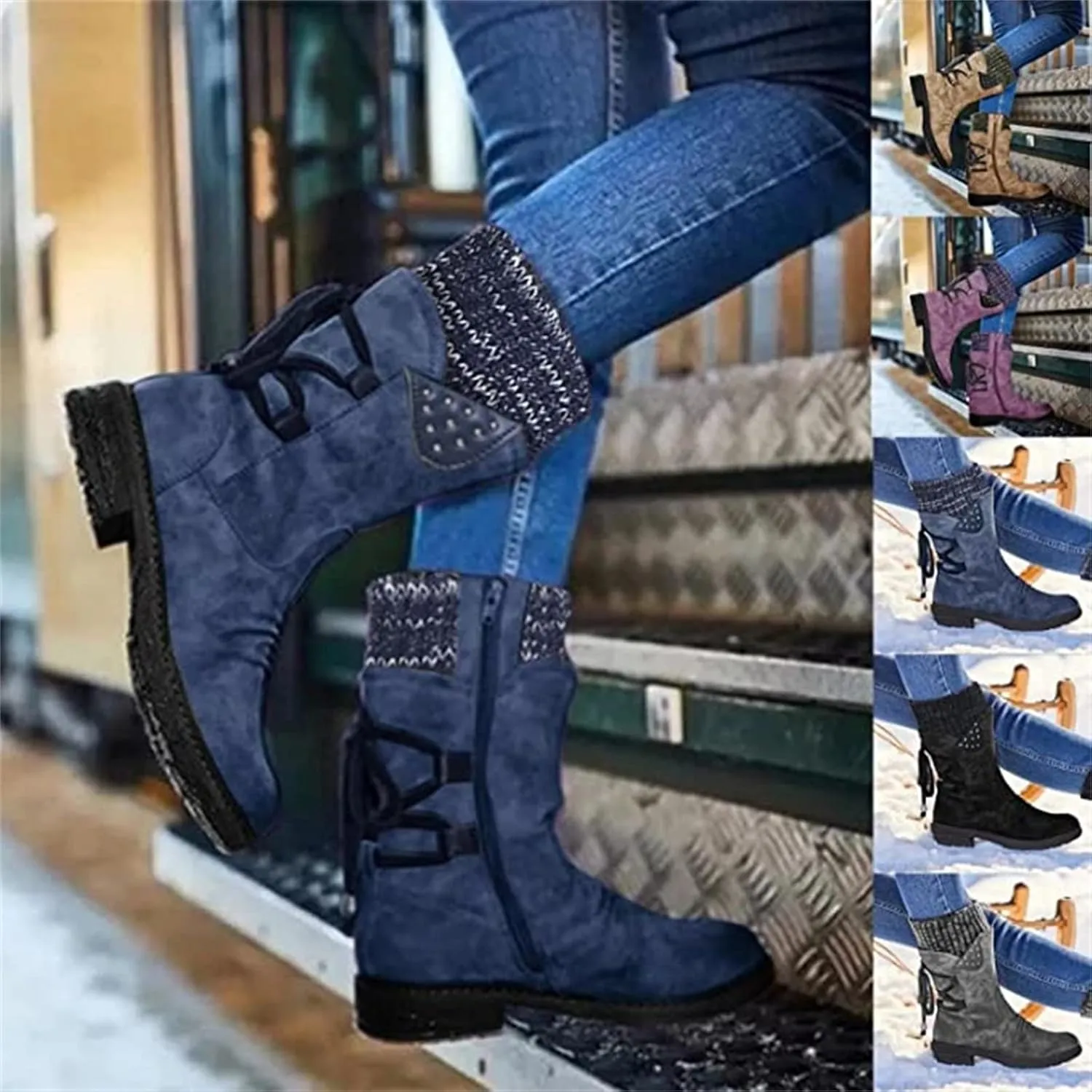 Lausiuoe Boots For Women Low Heel Mid Calf Fashion Winter Snow Boots Wide Calf Side Zip Slouchy Cowboy Warm Non Slip Outdoor Shoe
