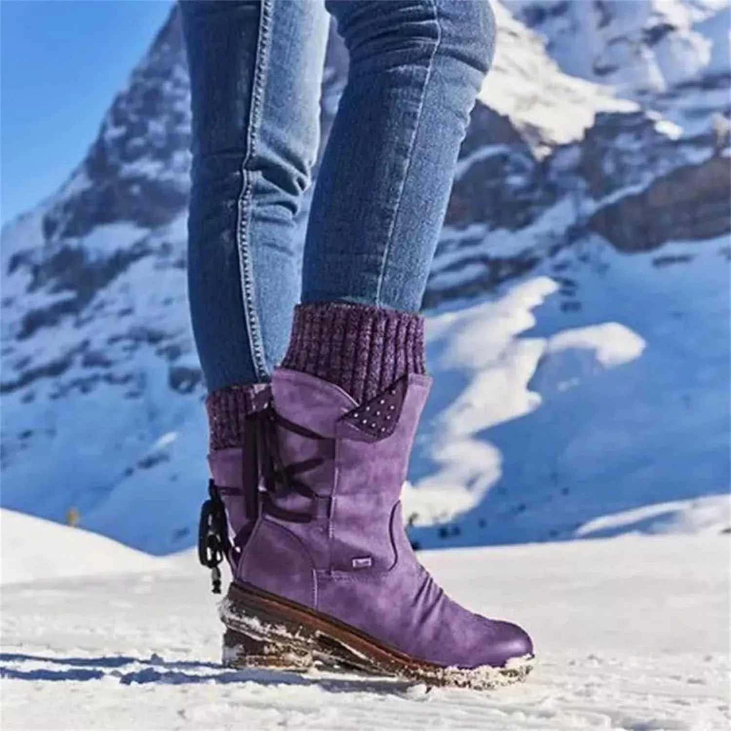Lausiuoe Boots For Women Low Heel Mid Calf Fashion Winter Snow Boots Wide Calf Side Zip Slouchy Cowboy Warm Non Slip Outdoor Shoe