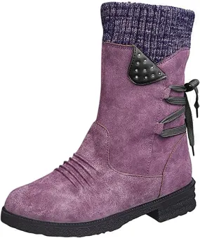 Lausiuoe Boots For Women Low Heel Mid Calf Fashion Winter Snow Boots Wide Calf Side Zip Slouchy Cowboy Warm Non Slip Outdoor Shoe