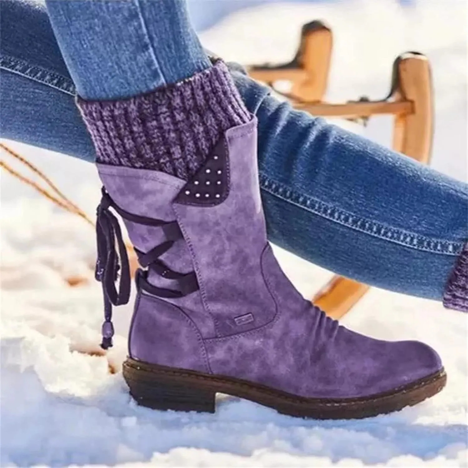 Lausiuoe Boots For Women Low Heel Mid Calf Fashion Winter Snow Boots Wide Calf Side Zip Slouchy Cowboy Warm Non Slip Outdoor Shoe
